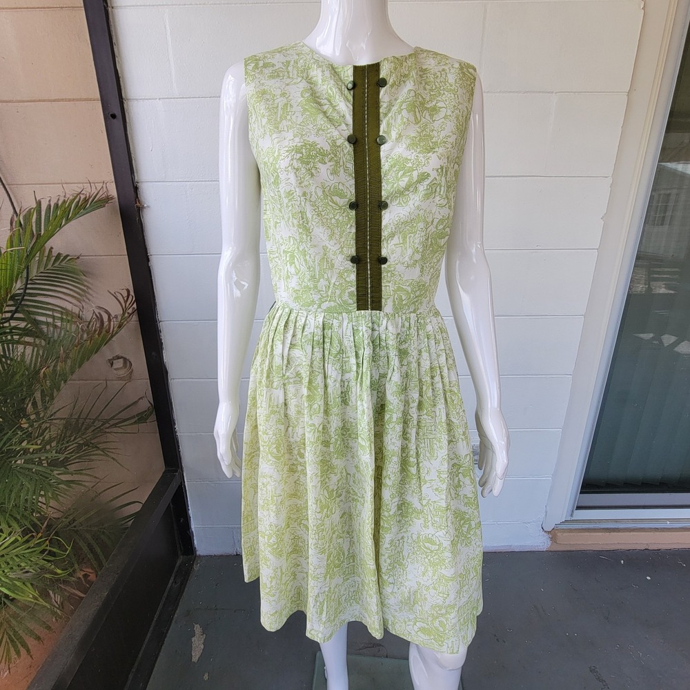 VTG 60s Lois Young of Dallas Green Toile Sleeveless Fit & Flare Day Dress Size 6